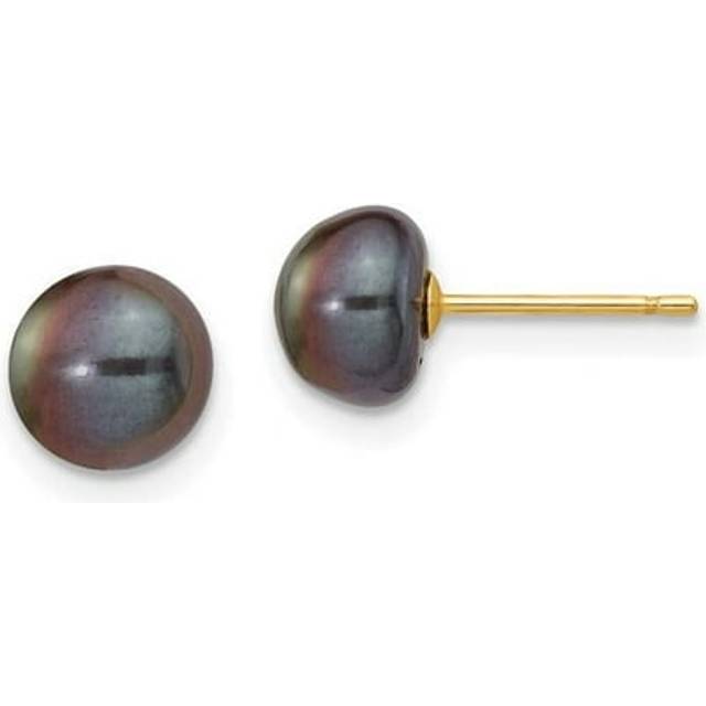 14K 7-8 mm Black Button FW Cultured Pearl Stud Post Earrings