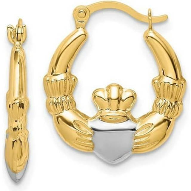 10K Yellow & Rhodium Claddagh Hollow Hoop Earrings