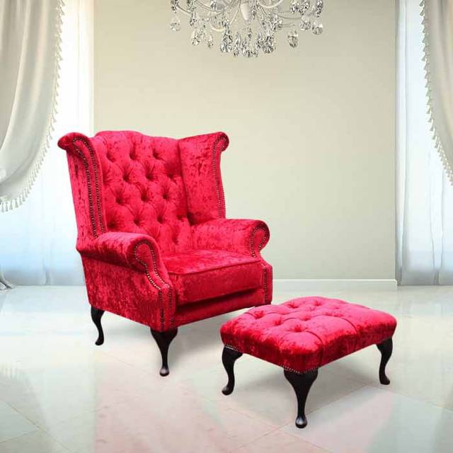Chesterfield High Back Wing Chair + Footstool Plush Red Velvet In Queen Anne Style - Chairs Offer