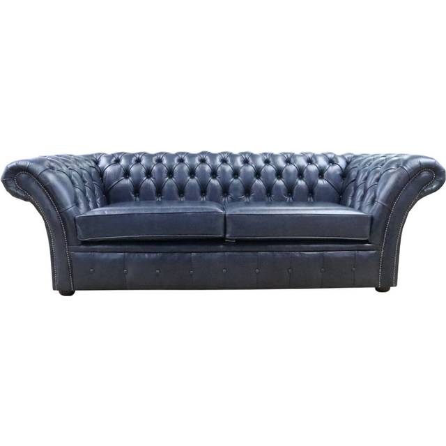 Chesterfield 3 Seater Sofa Settee Old English Ocean Blue Leather In Balmoral Style