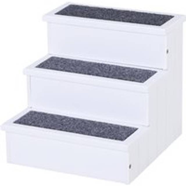 PawHut 3 Step Wooden Pet Stairs, Carpeted Ramp for Cats & Small Dogs, Non-Slip Carpet, Compact, White Aosom UK