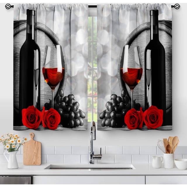 Red Rose and Wine Kitchen Curtains - Rustic Romantic Valentine Farmhouse Girls Women Short Tier Cafe Curtains Decor for Dining Room Art Country Rod Po
