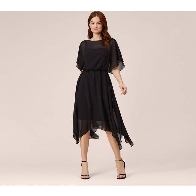Chiffon Blouson Midi Dress With Flutter Sleeves In Black - XS