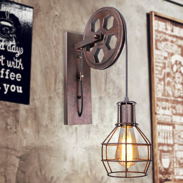 2X Pulley Retro Wall Light Creative Wall Lamp Industrial Vintage Wall Lamp Antique Wall Sconce E27 Bulb Rust