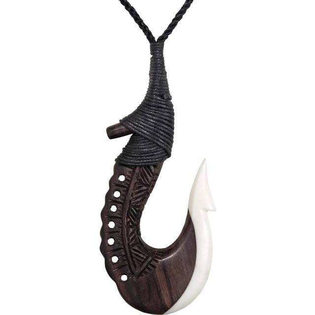 Bovine bone pendant wood engraved large hei matau cord necklace - 81stgeneration