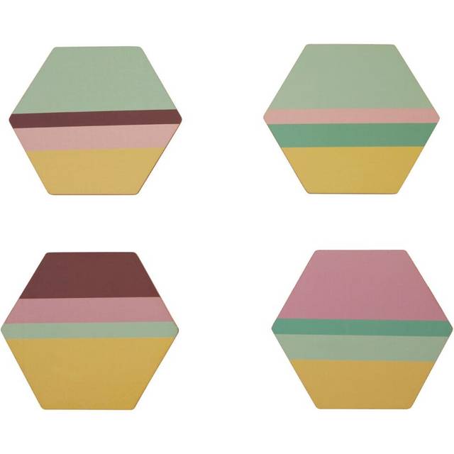 Set Of 4 Miami Striped Gold Foil Coasters,Vibrant Cork Coasters With Hexagonal Design,Perfect For Gifting - Multi - One Size