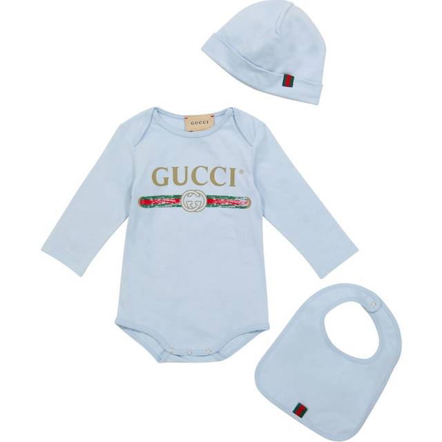 Gucci Kids Baby logo cotton bodysuit, hat and bib set - blue (M 0-3)