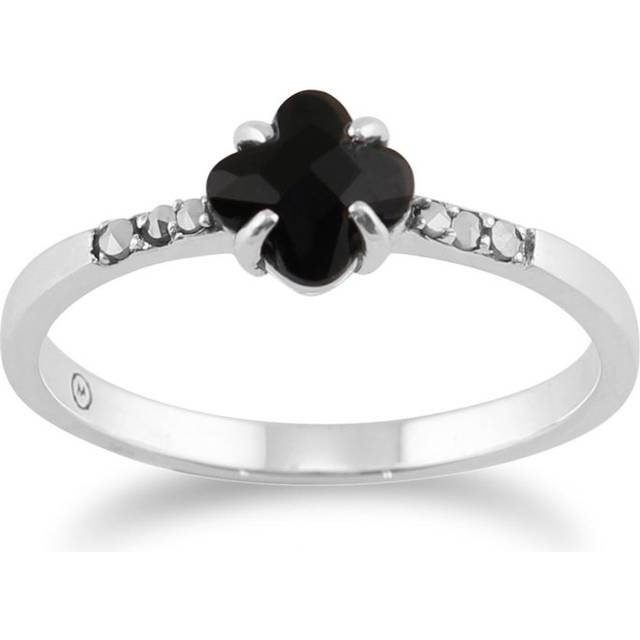 Floral Square Black Onyx & Marcasite Ring in 925 Sterling Silver