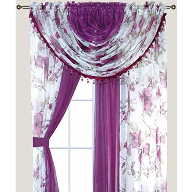 "Sapphire Home Floral Sheer Curtains - 4 Panels Set with Valance  84"""" Long  Light Filtering Privacy Voile Window Curtains for Living Room  Bedroom  Ki"
