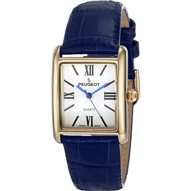 Peugeot Women's 14K Gold Plated Tank Leather Dress Watch with Roman Numerals Dial  Blue