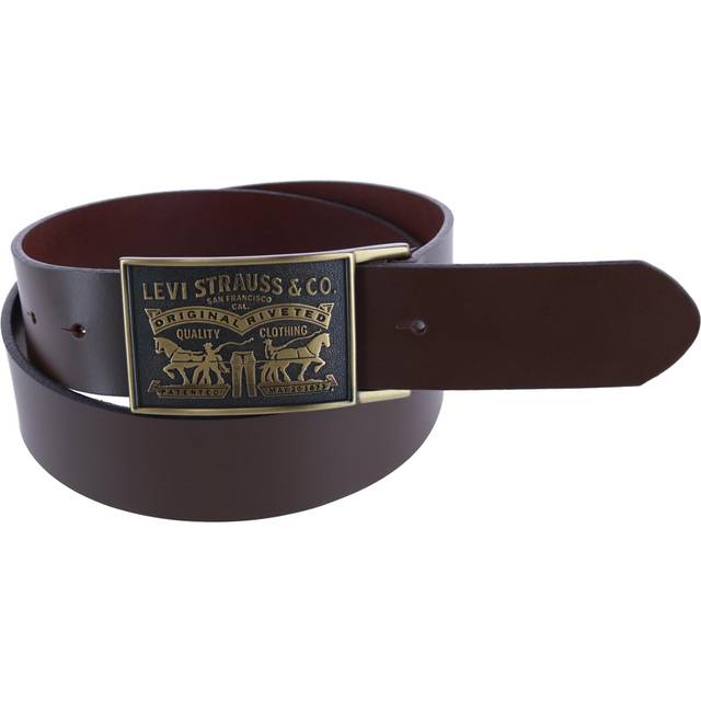 Levis Men's Leather Bridle Belt with Antiqued Removable Plaque Buckle - Brown with Brass Buckle (Large)