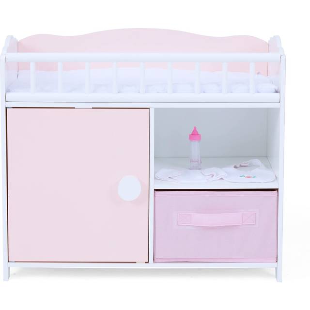 Olivia's Little World Polka Dot Princess Wooden Baby Doll Crib with Under-The-Crib Storage Featuring a Cabinet with Door and Two Cubbies  Pink and Whi