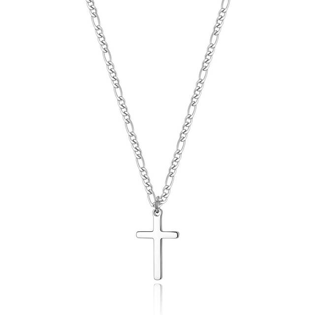 "Cross Necklace for Men Figaro Chain Stainless Steel Plain Polished Cross Pendant Necklace Simple Faith Jewelry Gift for Women 18"""""""""