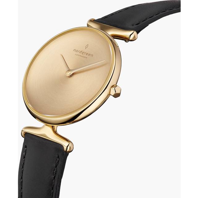 Nordgreen Women's Minimal Small Face Dress Watch - Gold Case - Brushed Metal Dial - 28mm Black Leather Strap