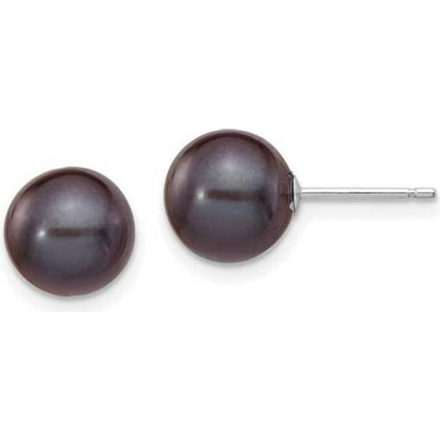 14K White Gold 8-9 mm Black Round FW Cultured Pearl Stud Post Earrings