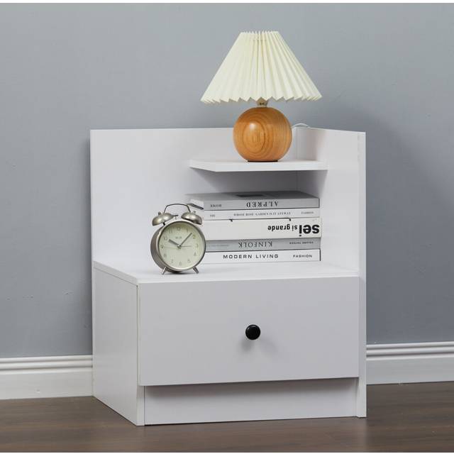 (White) Urban Style Bedside Table with Drawer and Open Shelf Wooden Nightstand