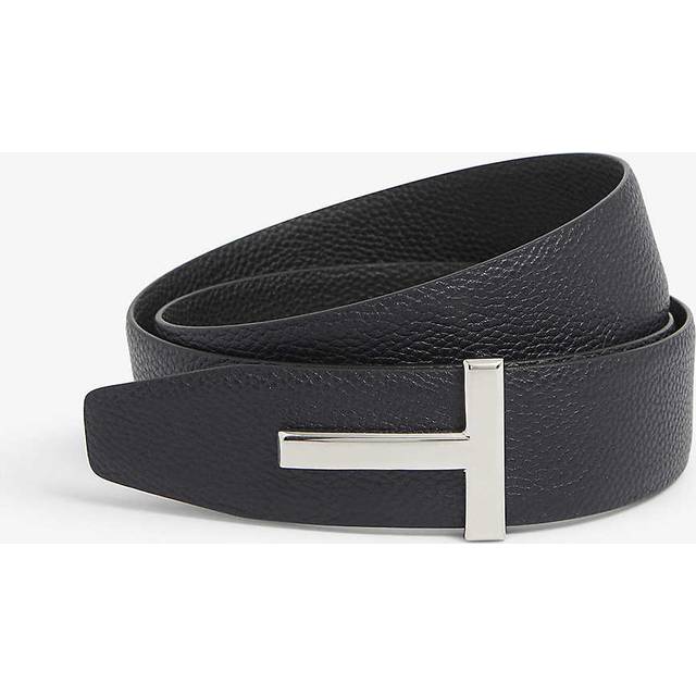Tom Ford Mens Dark Vy Black Reversible T Logo Grained-leather Belt 40 - DARK NAVY BLACK