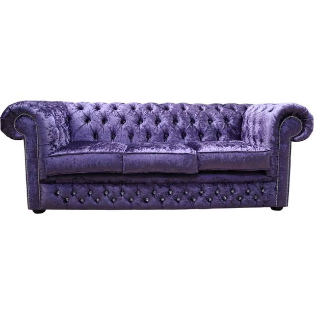Chesterfield Crystal Diamond 3 Seater Sofa Shimmer Grape Velvet Fabric In Classic Style - Purple