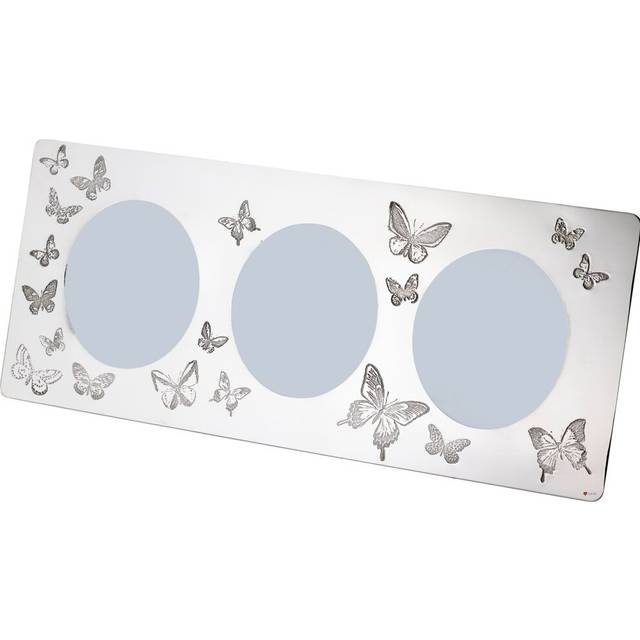 Triple Pewter Photo Frame Embossed Butterfly Pattern Takes Three 3 x 2 inch Picture Frames Rounded Corners Felt Covered Back Perfect for Engraving