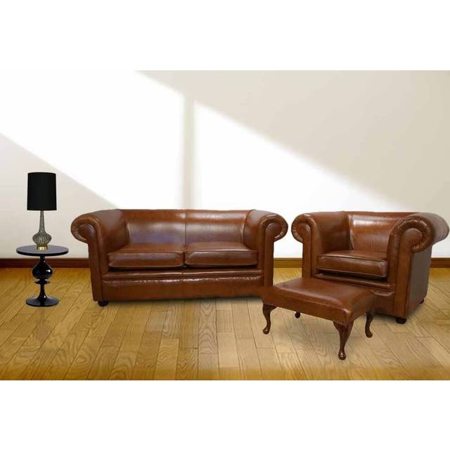Chesterfield 1930 2 Seater + Club Chair + Footstool Sofa Suite Old English Bruciatto Leather - Brown - Suite Offers