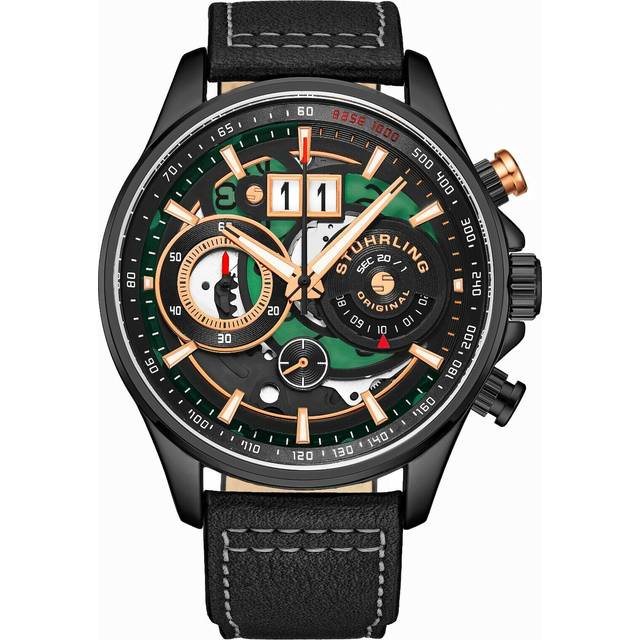 Stuhrling 923 04 Ace Aviator Quartz Chronograph Date Skeleton Leather Mens Watch