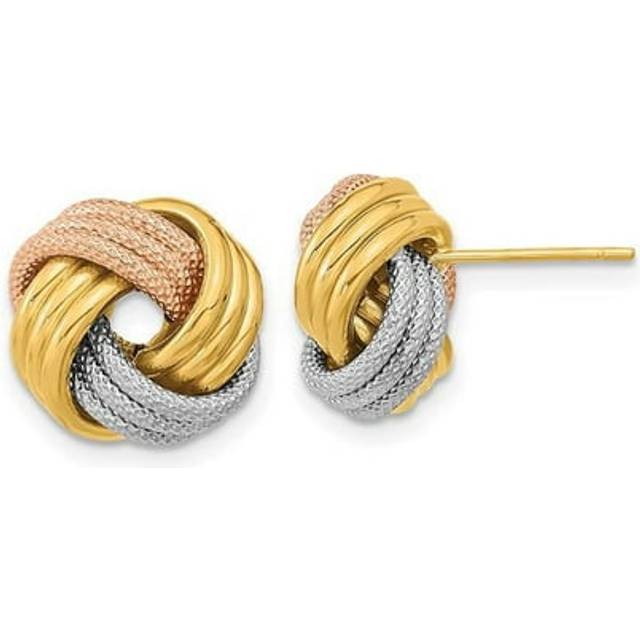 14K Yellow & Rhodium with White & Rose Rhod Pol Textured Triple Love Knot Post Earrings