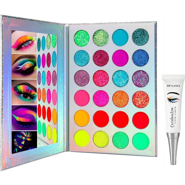 Neon Glow in Dark Eyeshadow Palette, UV Blacklight Neon Glitter Eyeshadow Pallet + Primer, Colorful Red Orange Yellow Purple Green Glitter Eyeshadow,