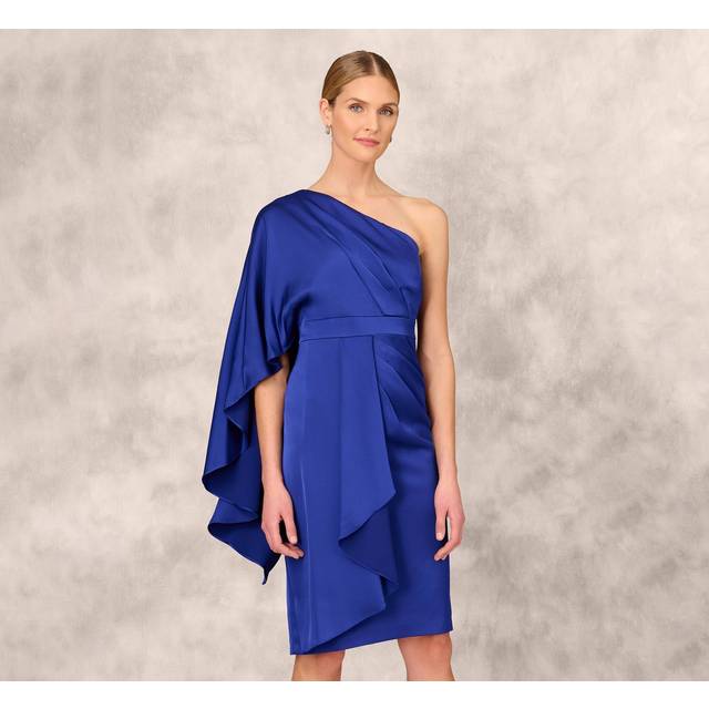 One-Shoulder Satin Draped Sheath Dress With Crepe Back And Cape In Royal Sapphire - 2