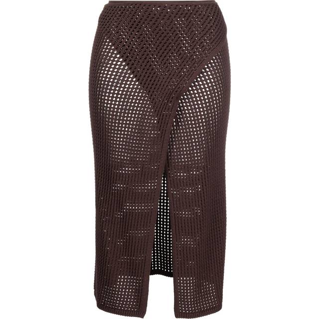 ANDREĀDAMO - front-slit crochet-knit midi skirt - women - Polyamide/Viscose/Polyester/Spandex/Elastane - L - Brown