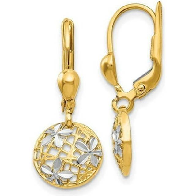 14K Yellow & Rhodium Polished Diamond-Cut Dangle Leverback Earrings