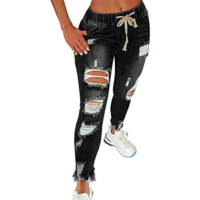KUNMI Women High Waist Skinny Stretch Ripped Jeans Destroyed Denim Pan
