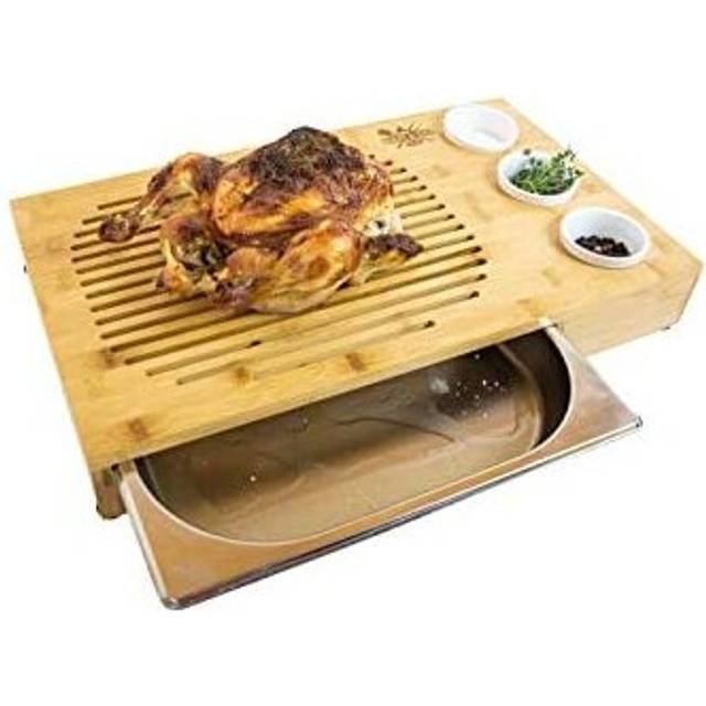 Dan&Co Large Meat Carving Board, Bamboo Chopping Board Set with Drip Tay & 3 Dipping Pots, Steak Serving Board, Cutting Board, Wooden Chopping Bo