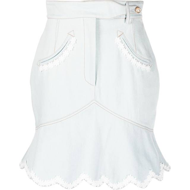 Casablanca - floral-embroidered denim peplum skirt - women - Cotton/Leather - 38 - Blue