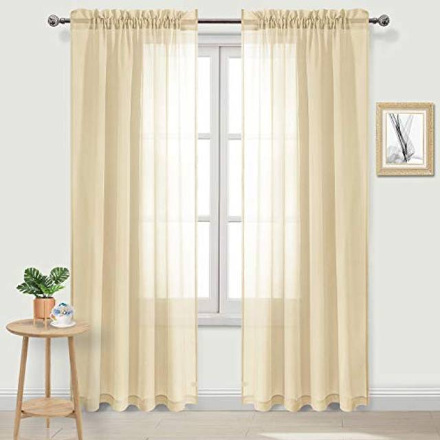 DWCN Beige Sheer Curtains Semi Transparent Voile Rod Pocket Curtains for Bedroom and Living Room  52 x 84 inches Long  Set of 2