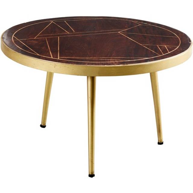 Dallas Dark Mango Wood Round Coffee Table Metal Inlay in Gold - Dark Wood - Brown
