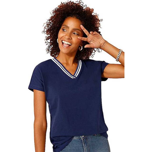 Stripe Trim V-Neck T-Shirt - Navy