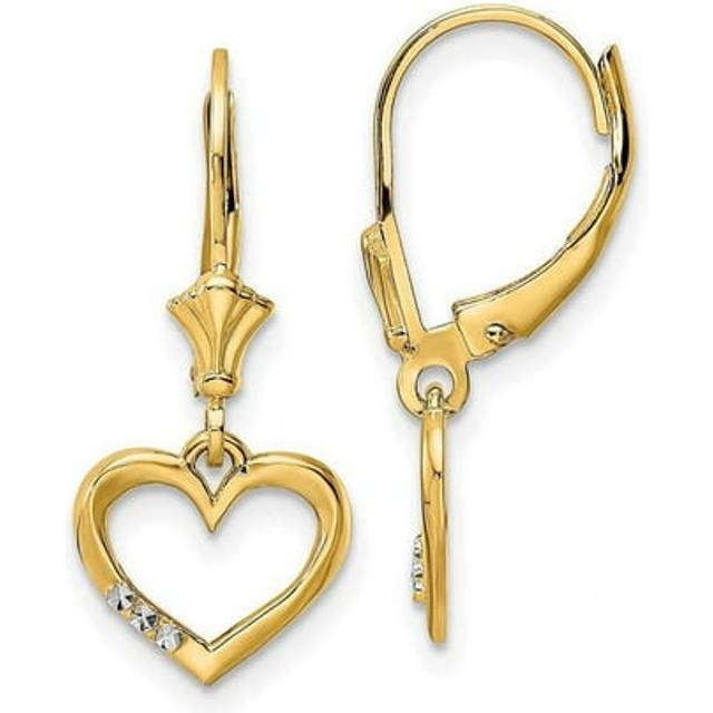 14K Yellow & Rhodium White Diamond-Cut Heart Leverback Earrings