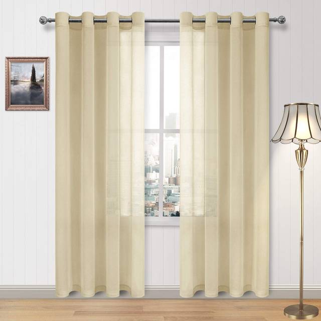 DWcN Sheer curtains Faux Linen Voile Sheer Drapes for Living Room grommet Window curtain 52 x 84 Inch Long  Set of 2 Beige Panels