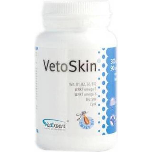 VetExpert VetoSkin 90 kapslar för hundar och katter, innehåller omega-3 och omega-6-fettsyror för att stödja päls och hud