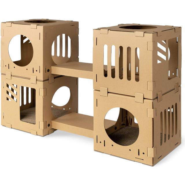Navaris Modular Cardboard Cat House - DIY Corrugated Cardboard Configurable Play Tower Condo for Small Cats, Kittens, Rabbits - 4 Cubes with 2 Br
