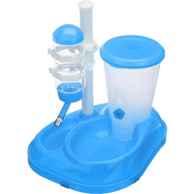(Blue, with feeder bin) Automatic Pet Water Drinker Cat Dog Bowl Fountain Bottle Food Feeder Dispenser