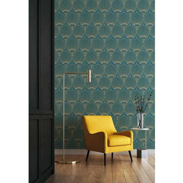 Grandeco Art Deco Nile Palm Blue and Gold Textured Wallpaper - 53 x 1005cm