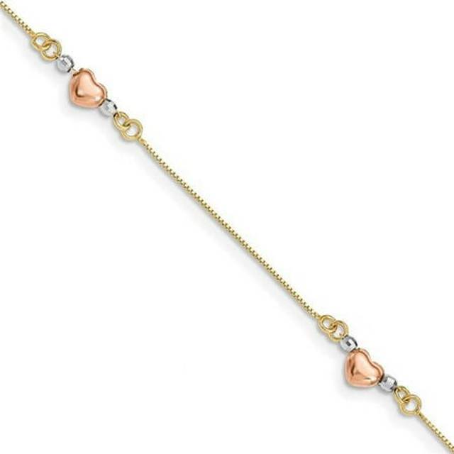 14K Tri-Color Puffed Heart 7.25 in. Bracelet