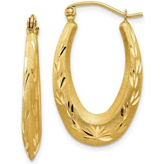 14K Yellow Gold Satin Diamond-Cut Hollow Hoop Earrings
