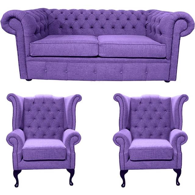 Chesterfield Original 2 Seater + 2 x Queen Anne Chairs Verity Purple Fabric Sofa Suite - Suite Offers