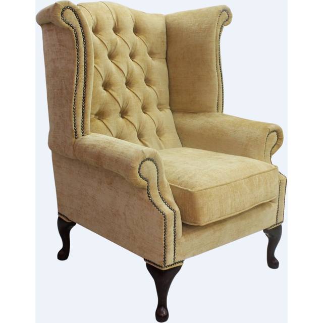 Chesterfield High Back Wing Chair Velluto Gold Fabric In Queen Anne Style - 1 Seater/Chair