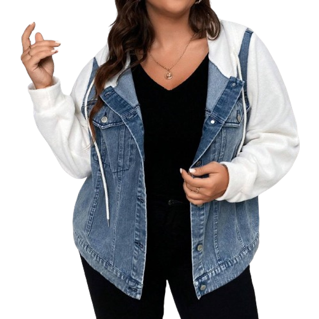 Luneh Plus Two Tone Flap Pocket Drawstring Hooded Denim Jacket