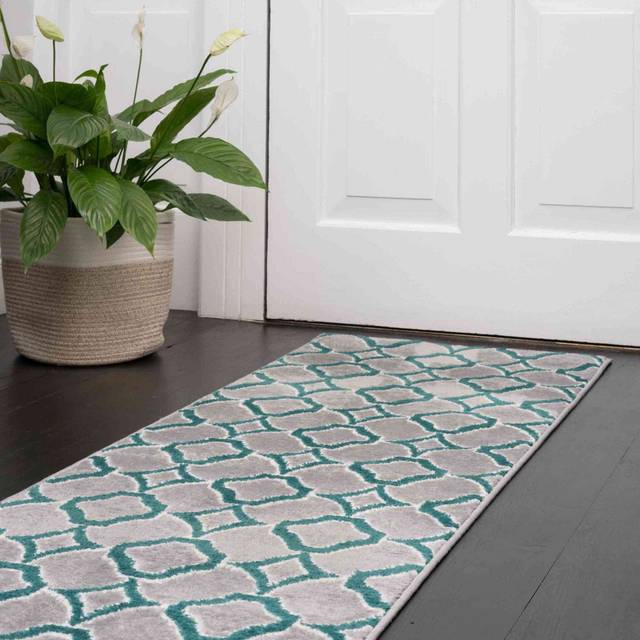 Modern Emerald Green Trellis Hall Runner Rugs - Enzo - 60cm x 240cm Runner