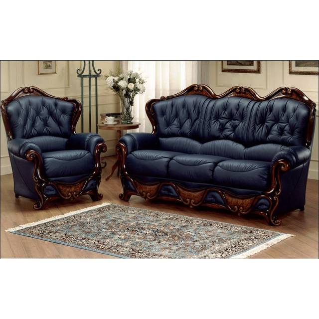 Dante Custom Made 3 Seater + Armchair Sofa Suite Italian Blue Real Leather - Suite Offers