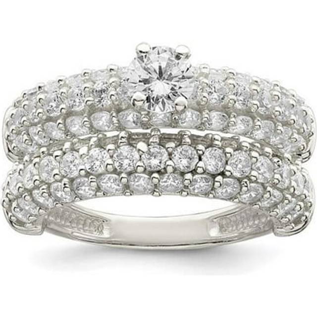 Sterling Silver Polished Pave CZ Wedding Ring Set - Size 8